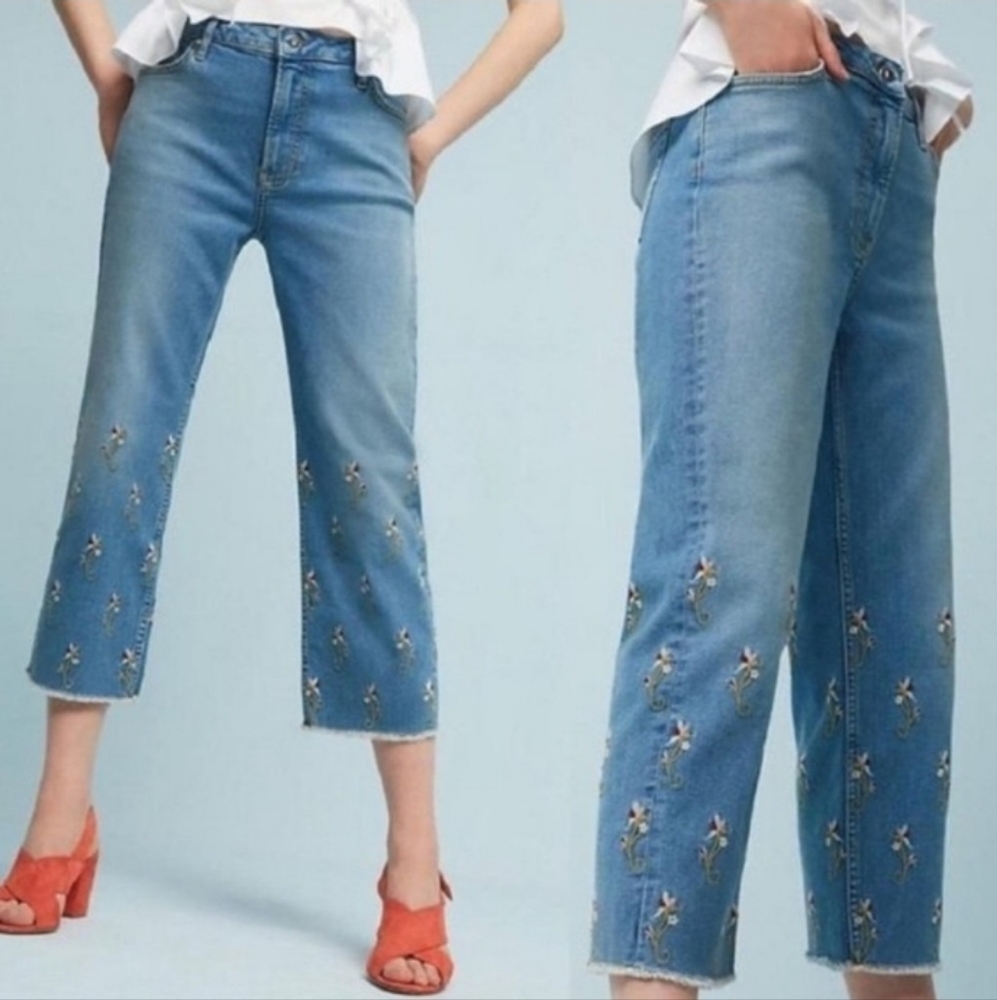 Anthropologie Pilcro Cropped High rise Embroidered Floral Girlfriend jeans sz 29